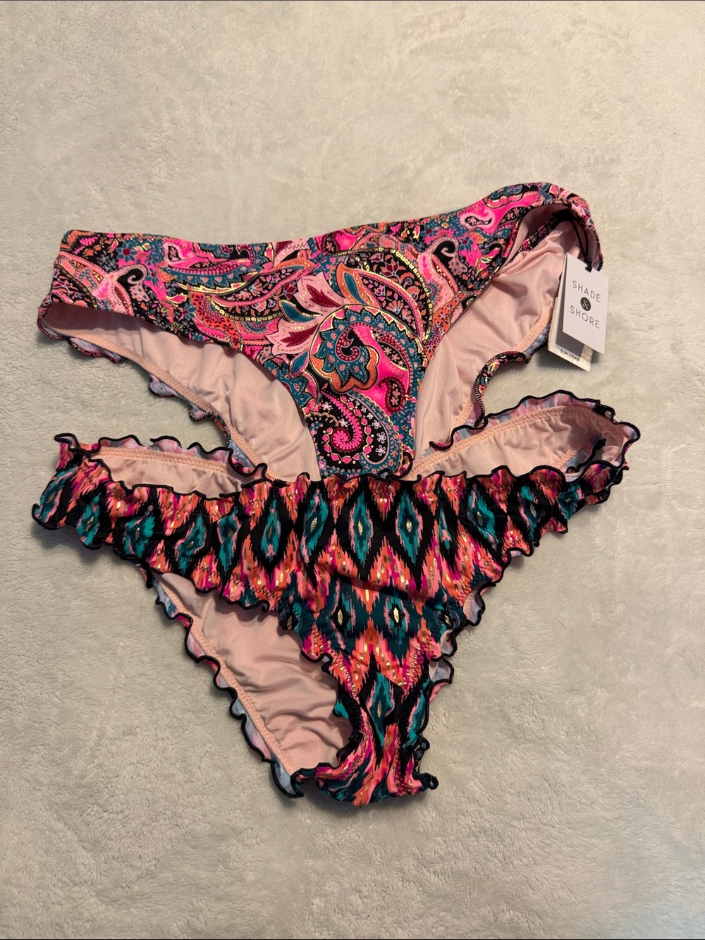 Shade & Shore Pink Multi-Print Paisley & Ikat Bikini Bottoms